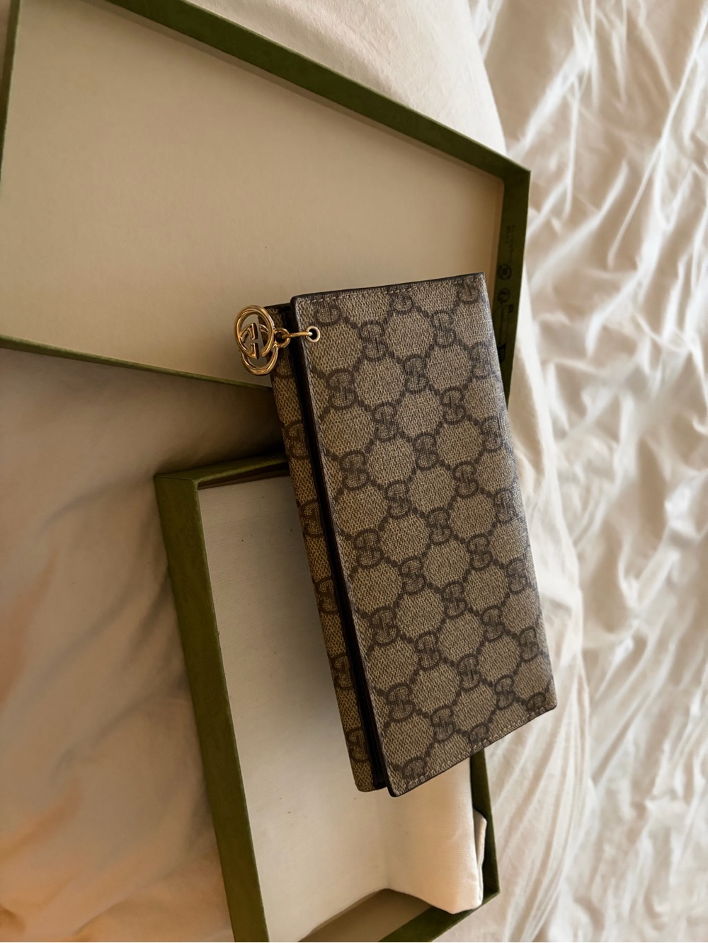 Gucci Brown GG Supreme Continental Card Holder with Gold Charm